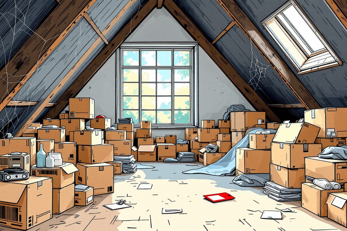 Cardboard boxes and covered furniture stacked in a daylit attic