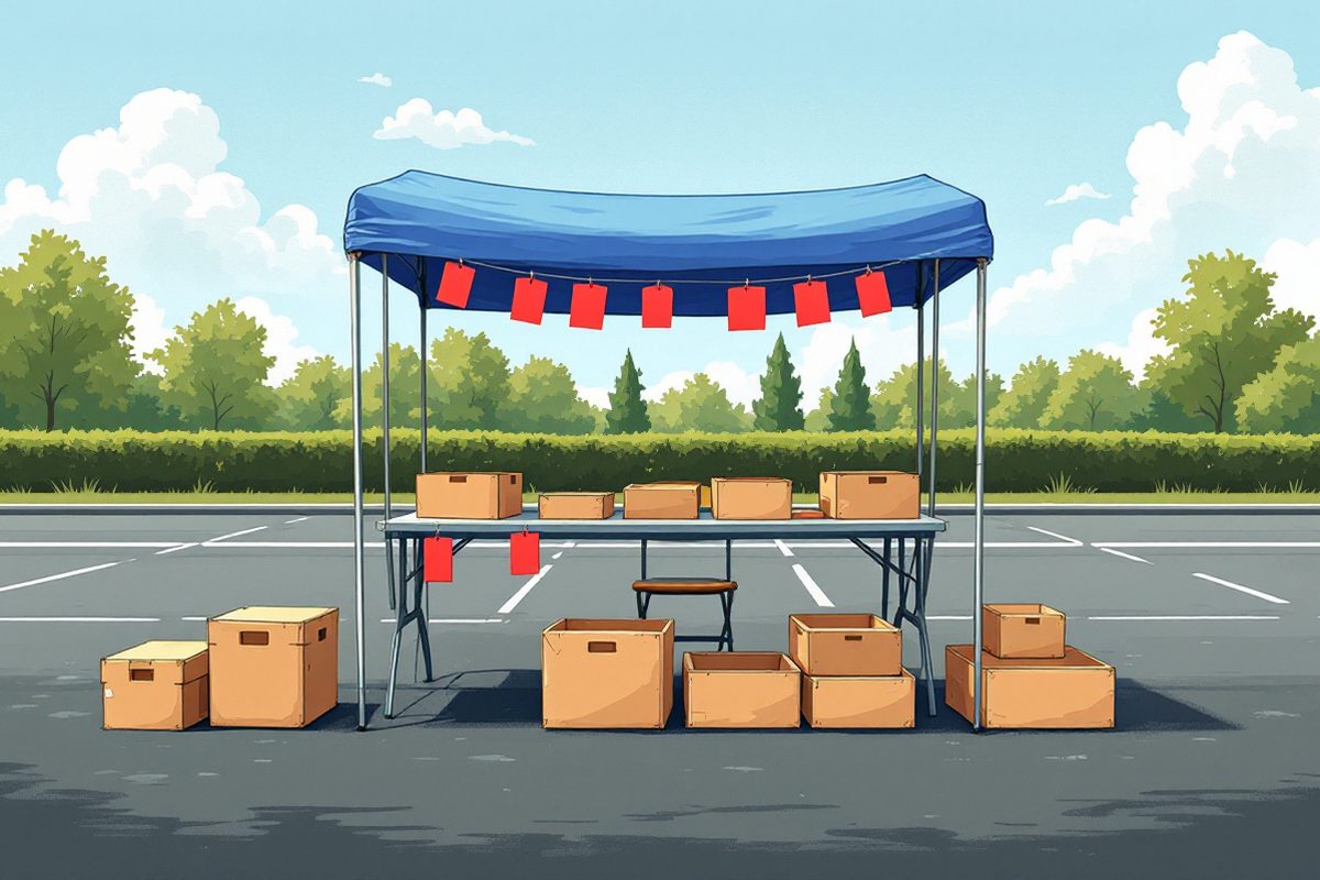 A folding table under a blue tarp with crates of goods laid out for sale