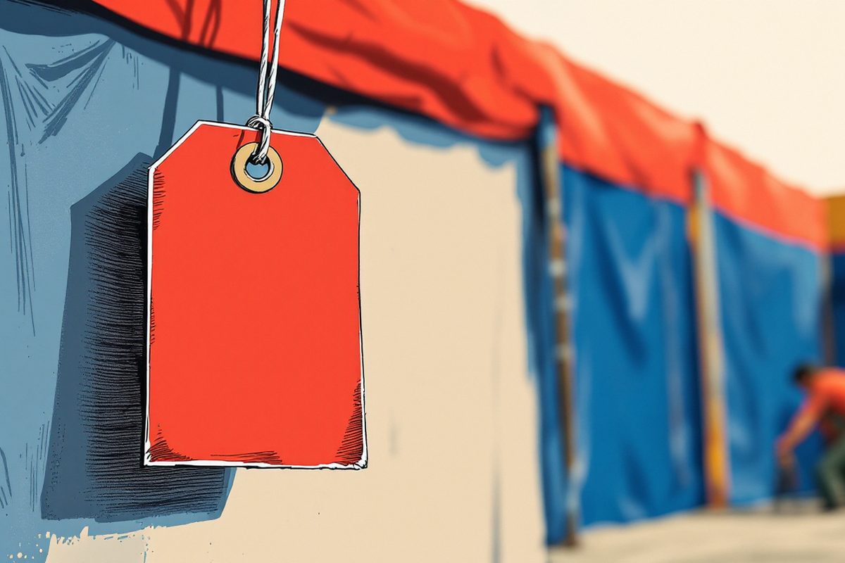 A red paper price tag tied with string to an item on a market table